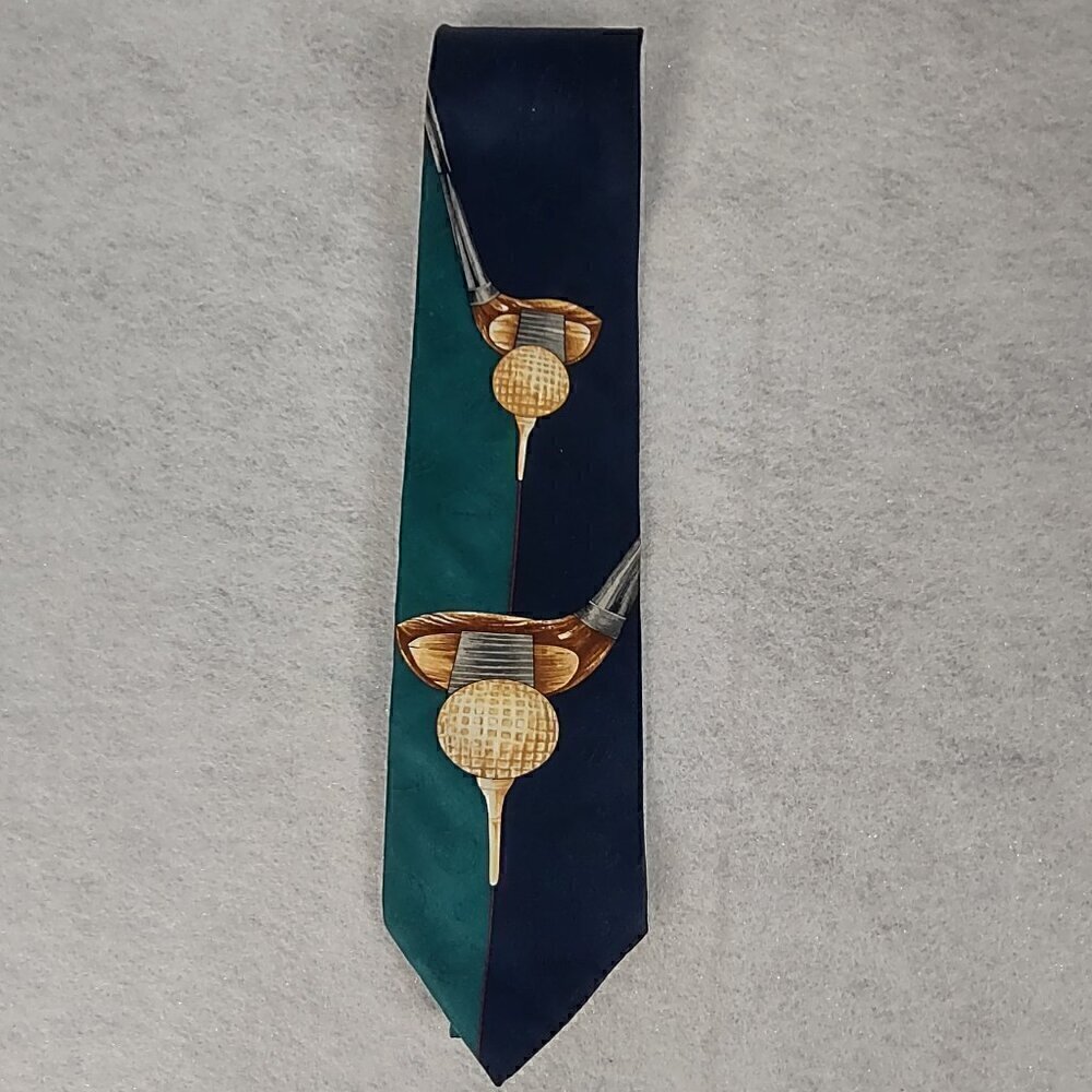 Evan-Picone Sport 100% Silk Golf Necktie Navy Teal Golf Clubs Balls Men’s Tie